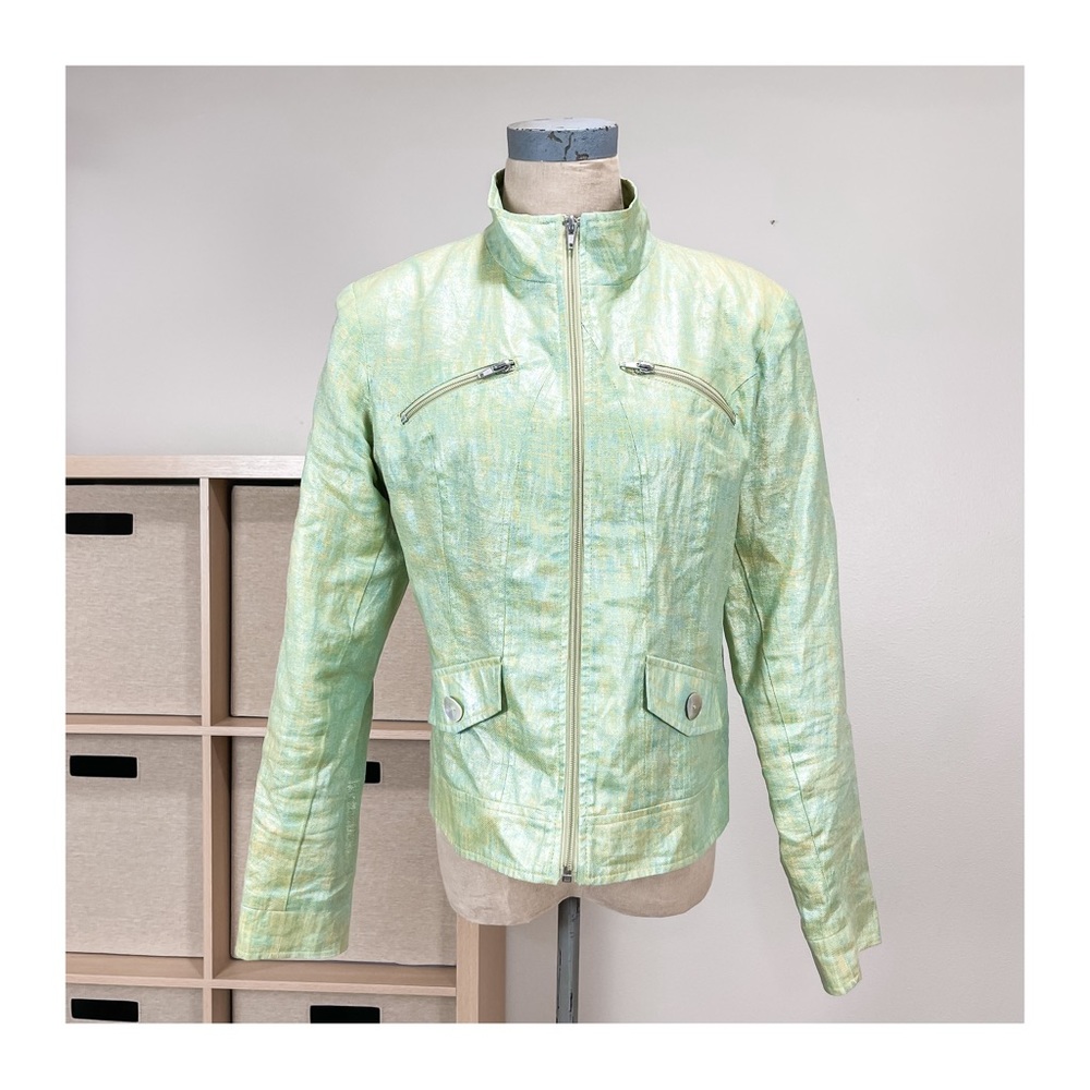 Vintage Y2K Robert Kitchen Canada Metallic Lime Green Moto Jacket Medium